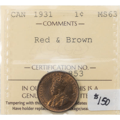 SOLD Canada 1931 1 Small Cent Coin - ICCS MS-63 RB