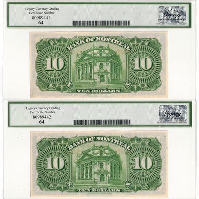 $10 1938 Bank of Montreal Chartered Notes #505-62-04 - 2 Consec Legacy UNC-64
