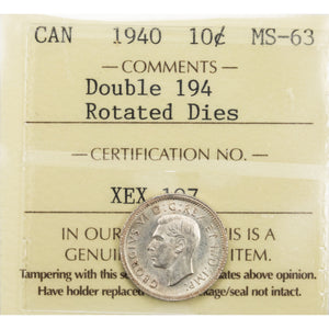 SOLD Canada 1940 Double 194 Rotated Die 10 Cents Dime Silver Coin - ICCS MS-63