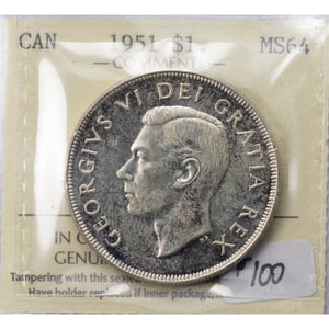 SOLD Canada 1951 $1 Silver Dollar Coin - ICCS MS-64