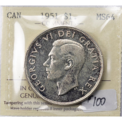 SOLD Canada 1951 $1 Silver Dollar Coin - ICCS MS-64