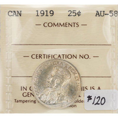 SOLD Canada 1919 25 Cents Quarter Silver Coin - ICCS AU-58
