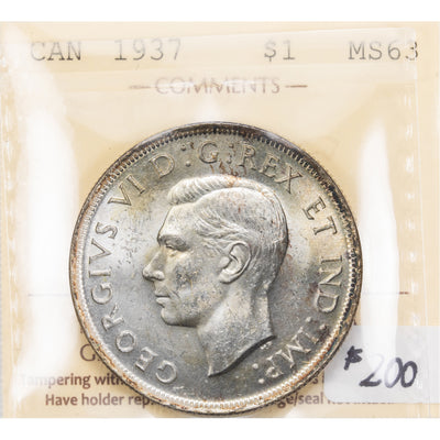 SOLD Canada 1937 2xHP $1 Silver Dollar Coin - ICCS MS-63