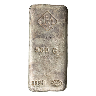 SOLD Johnson Matthey 500 Gram .999 Silver Poured Bar - Scarce Issue!