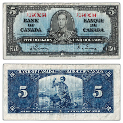 $5 1937 Bank of Canada Note Gordon-Towers S/C Prefix BC-23b - VF (tear)