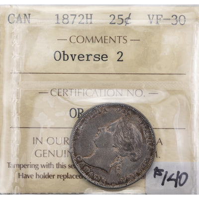 SOLD Canada 1872-H Obverse 2 25 Cents Quarter Silver Coin - ICCS VF-30