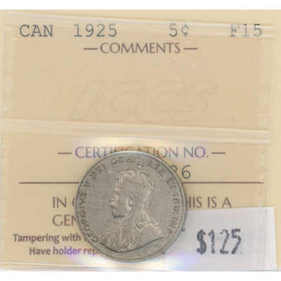 Canada 1925 5 Cents Nickel Coin - ICCS F-15