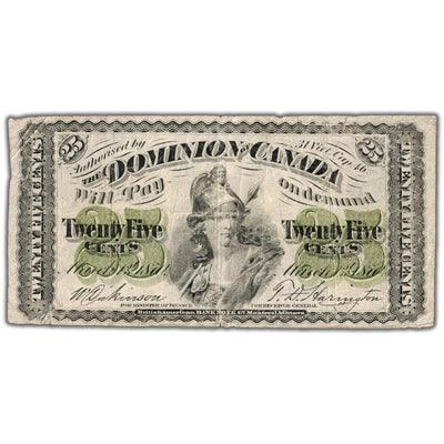 SOLD 25 Cents 1870 Dominion of Canada Shinplaster Note Plain DC-1c - Fine