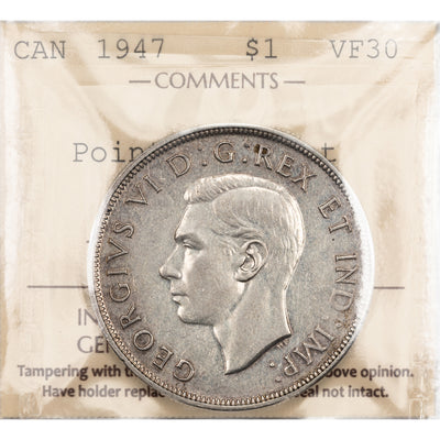 SOLD Canada 1947 Pointed 7 w/ Dot $1 Silver Dollar Coin - ICCS VF-30