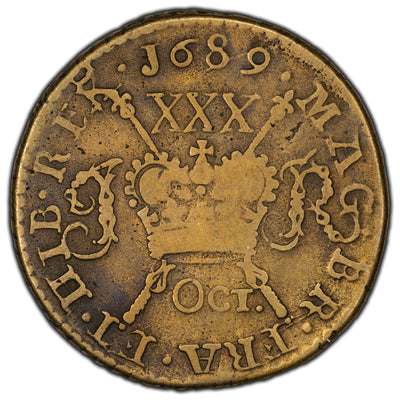 SOLD Ireland 1689 October James II 1/2 Crown Gun Money Coin - Cleaned