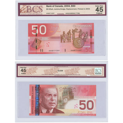 SOLD $50 2004 Bank of Canada Note Jenkins-Dodge AHA Replacement Prefix BC-65aA - BCS EF-45