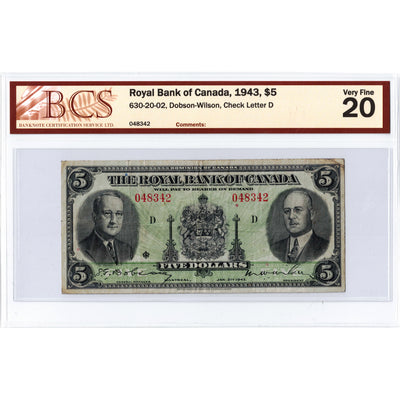 SOLD $5 1943 Royal Bank of Canada Chartered Note #630-20-02 - BCS VF-20