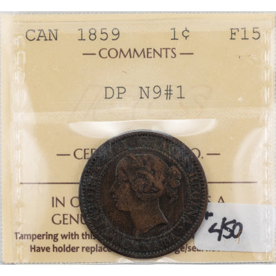 SOLD Canada 1859 DP N9 #1 1 Large Cent Coin - ICCS F-15
