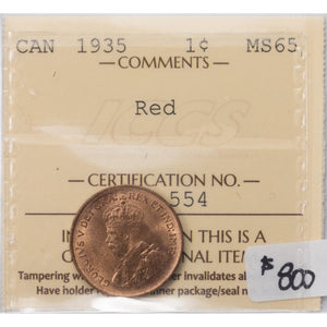 SOLD Canada 1935 1 Small Cent Coin - ICCS MS-65 Red