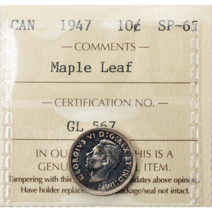 SOLD Canada 1947 Maple Leaf 10 Cents Silver Coin - ICCS Specimen SP-65