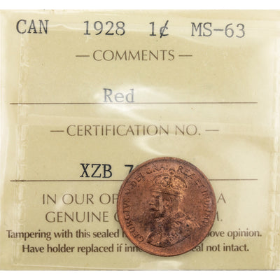 Canada 1928 One Small Cent Coin - ICCS MS-63 Red