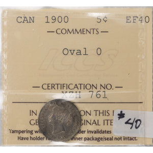 SOLD Canada 1900 Oval '0' 5 Cents Silver Coin - ICCS EF-40
