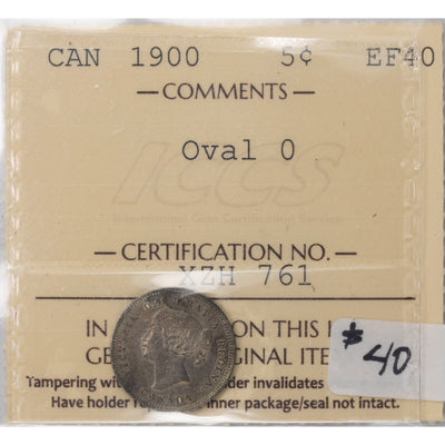 SOLD Canada 1900 Oval '0' 5 Cents Silver Coin - ICCS EF-40