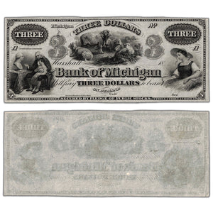SOLD United States 1830's Bank of Michigan $3 Three Dollars Remainder Note