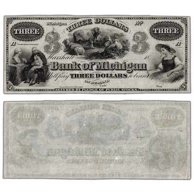 SOLD United States 1830's Bank of Michigan $3 Three Dollars Remainder Note