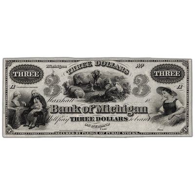 SOLD United States 1830's Bank of Michigan $3 Three Dollars Remainder Note
