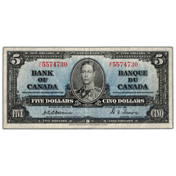 $5 1937 Bank of Canada Note Osborne Signature BC-23a - VF