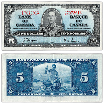 SOLD $5 1937 Bank of Canada Note Coyne-Towers X/C Changeover Prefix BC-23c - EF