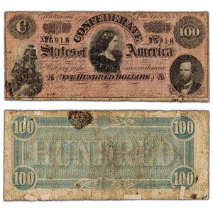 SOLD United States 1864 Confederate State of America $100 Note - Damaged