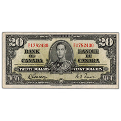$20 1937 Bank of Canada Note Gordon-Towers D/E Prefix BC-25b - VF/EF