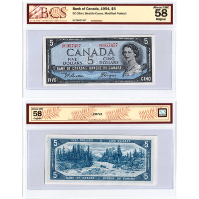 $5 1954 Bank of Canada Note Beattie-Coyne W/C Prefix BC-39a-i - BCS AU-58