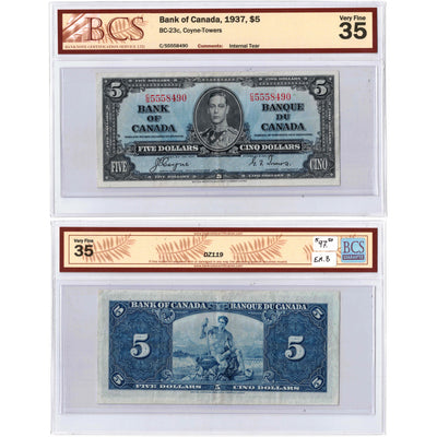 $5 1937 Bank of Canada Note Coyne-Towers C/S Prefix BC-23c - BCS VF-35