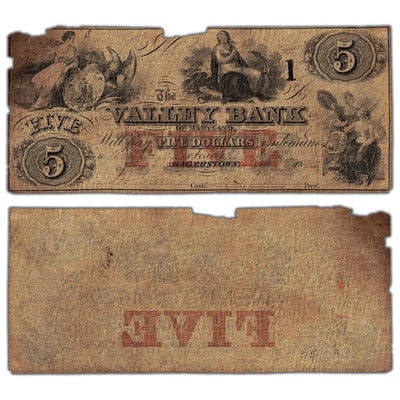 United States 1836 The Valley Bank MD $5 Five Dollars Obsolete Note - Damaged