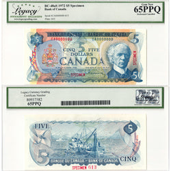 $5 1972 Bank of Canada Note Specimen BC-48aA - Legacy Gem UNC-65 PPQ