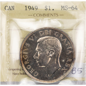 SOLD Canada 1949 $1 Silver Dollar Coin - ICCS MS-64