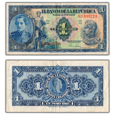 Colombia 1954 1 One Peso Note P #380g - VF