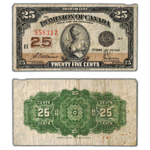 SOLD 25 Cents 1923 Dominion of Canada Shinplaster Note DC-24c - Fine (pinholes)