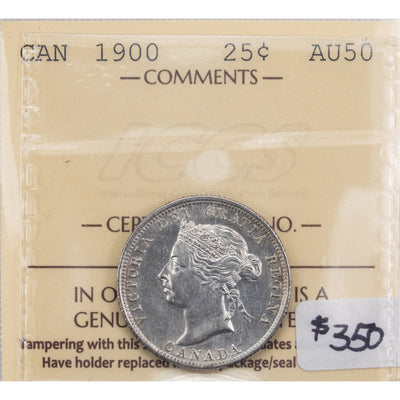 SOLD Canada 1900 25 Cents Quarter Silver Coin - ICCS AU-50