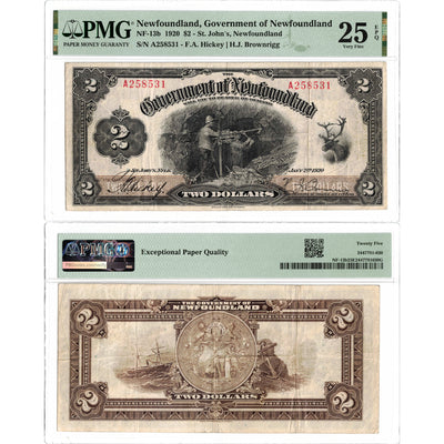 SOLD $2 1920 Government of Newfoundland Note NF-13b - PMG VF-25 EPQ