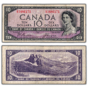 SOLD $10 1954 Bank of Canada Note Devil Face Beattie-Coyne G/D Prefix BC-32b - Fine