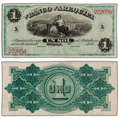 SOLD Peru El Banco de Arequipa 1870's 1 Sol Remainder Note P #S117 - VF/EF