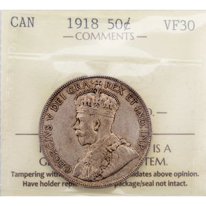 SOLD Canada 1918 50 Cents Half Dollar Silver Coin - ICCS VF-30