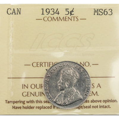 Canada 1934 5 Cents Nickel Coin - ICCS MS-63