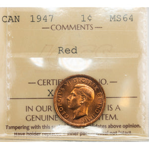 SOLD Canada 1947 1 Small Cent Coin - ICCS MS-64 Red