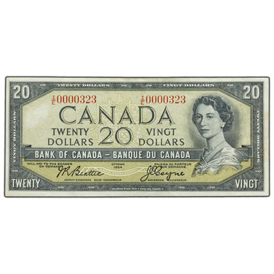 SOLD $20 1954 Bank of Canada Note Beattie-Coyne I/E Prefix BC-41a - Low Serial