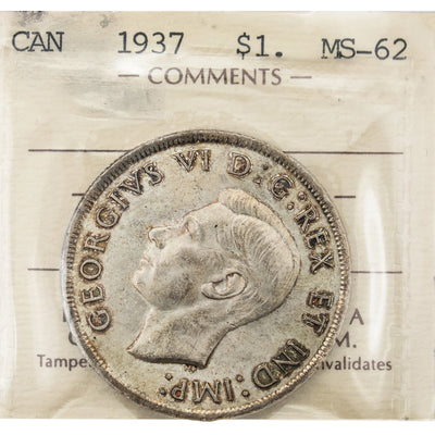 Canada 1937 $1 Silver Dollar Coin - ICCS MS-62