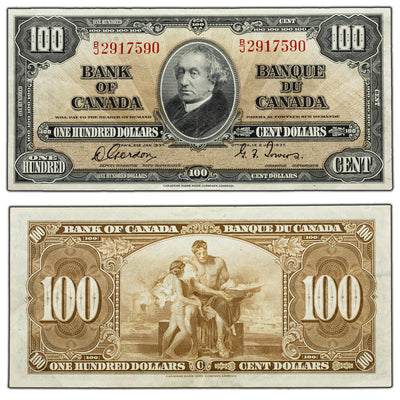 SOLD $100 1937 Bank of Canada Note Gordon-Towers B/J Prefix BC-27b - About EF