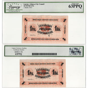 Latvia Libava City Council 1915 1 Ruble Note - Legacy Ch UNC-63 PPQ