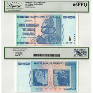 SOLD Zimbabwe 2008 100 Trillion Dollars Note P #91 - Legacy UNC-66 PPQ