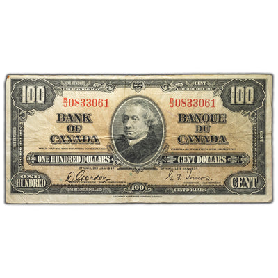 SOLD $100 1937 Bank of Canada Note Gordon-Towers B/J Prefix BC-27b