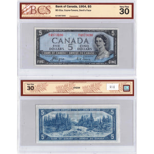 SOLD $5 1954 Bank of Canada Note Devil Face B/C Prefix BC-31a - BCS VF-30